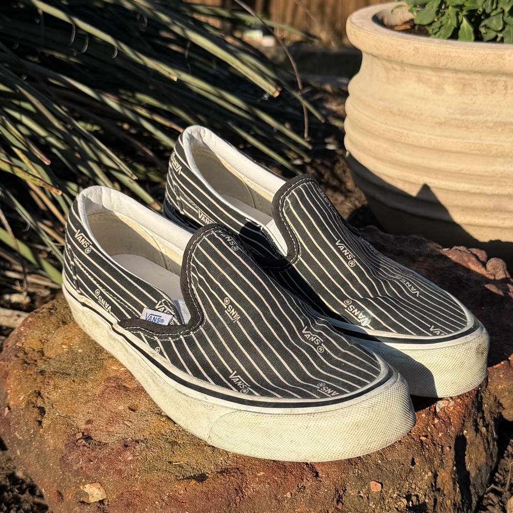 Vans Black & White Pinstripe Classic Slip-On Loafers